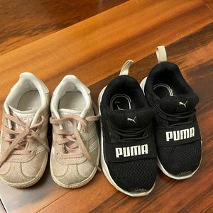 Adidas pink toddler shoes and puma black running shoe